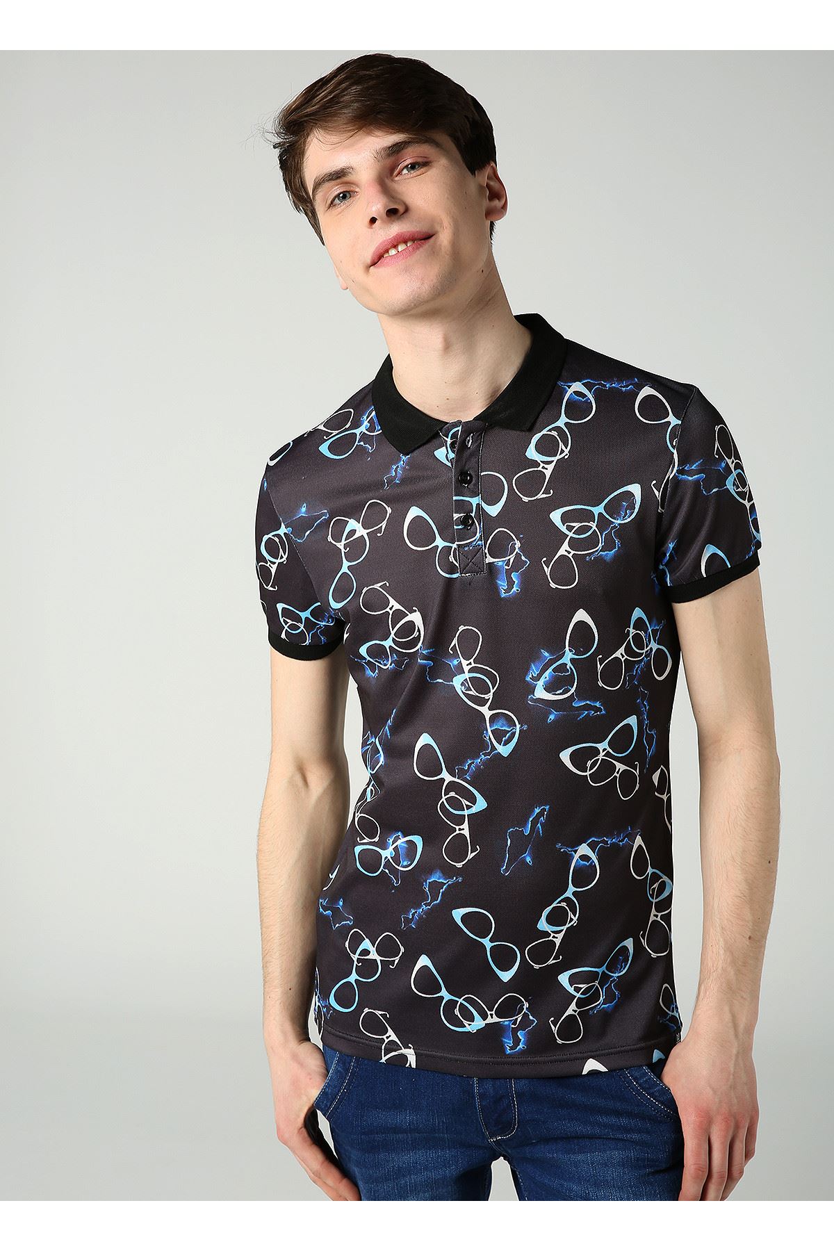 Gözlük Desen Polo Yaka Lacivert Erkek T-Shirt