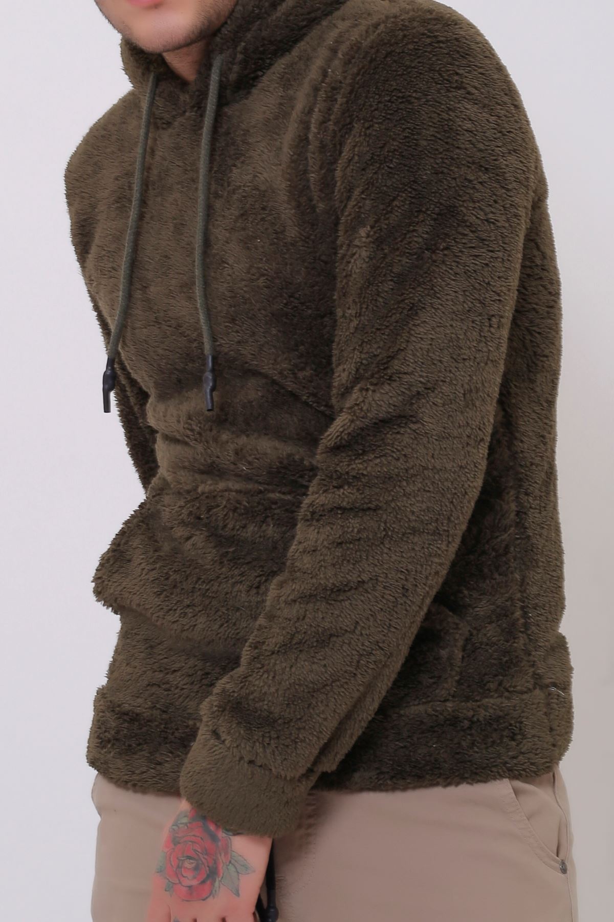 Erkek  Kanguru Cepli Kapüşonlu Haki Peluş  Sweatshirt