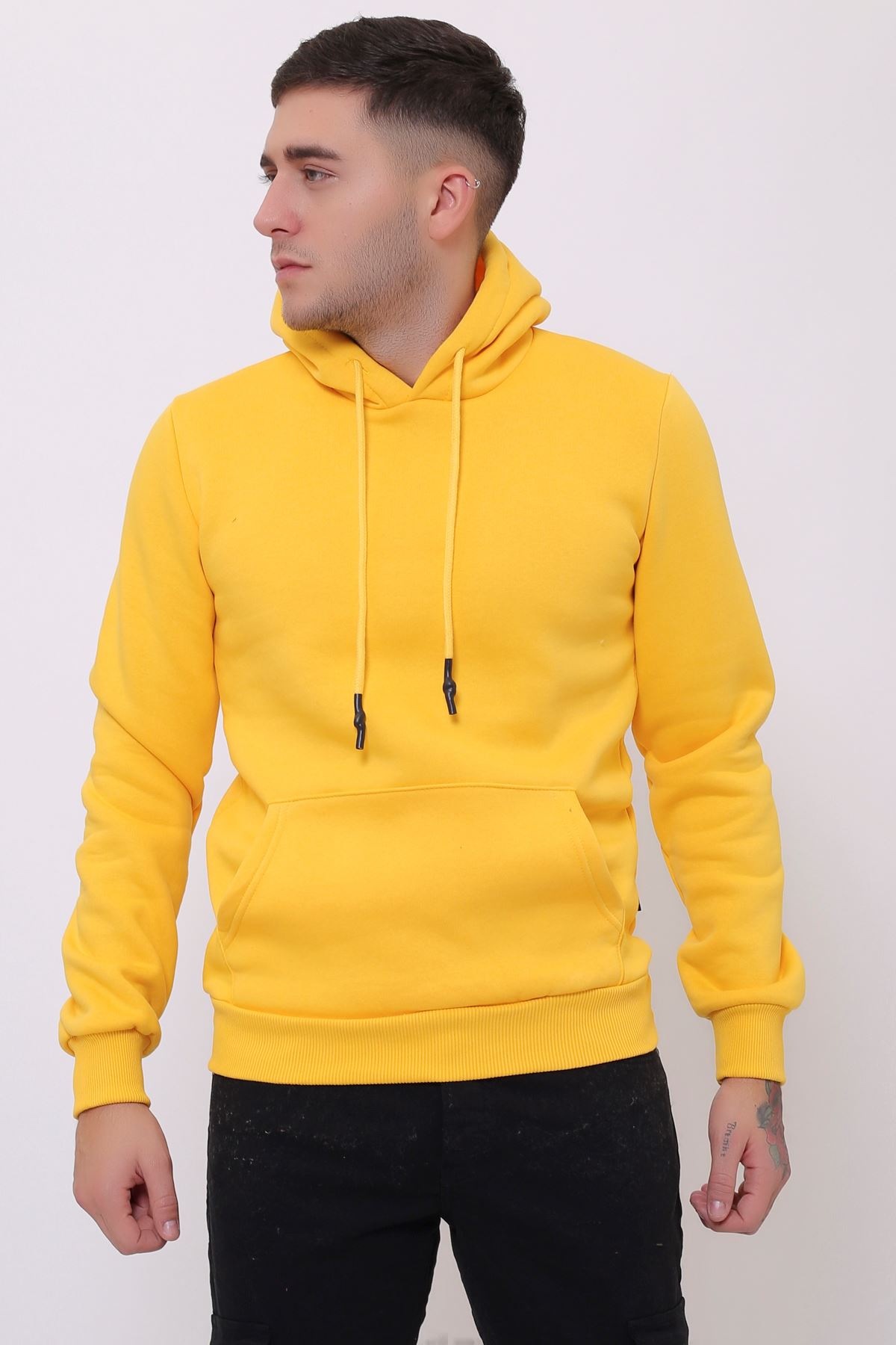 Sarı Erkek Uzun Kollu Kapüşonlu Kanguru Cepli  Sweatshirt