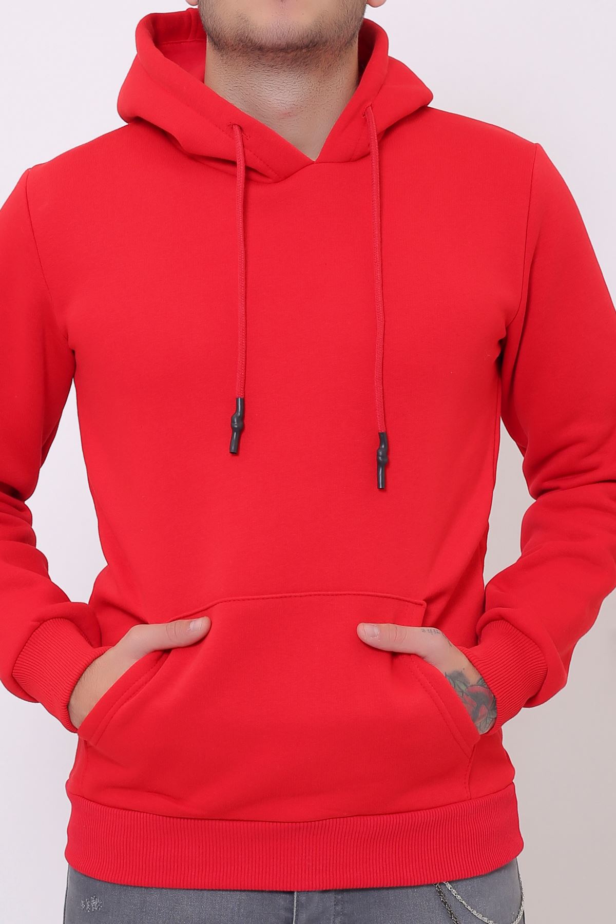 Kırmızı Erkek Uzun Kollu Kapüşonlu Kanguru Cepli  Sweatshirt