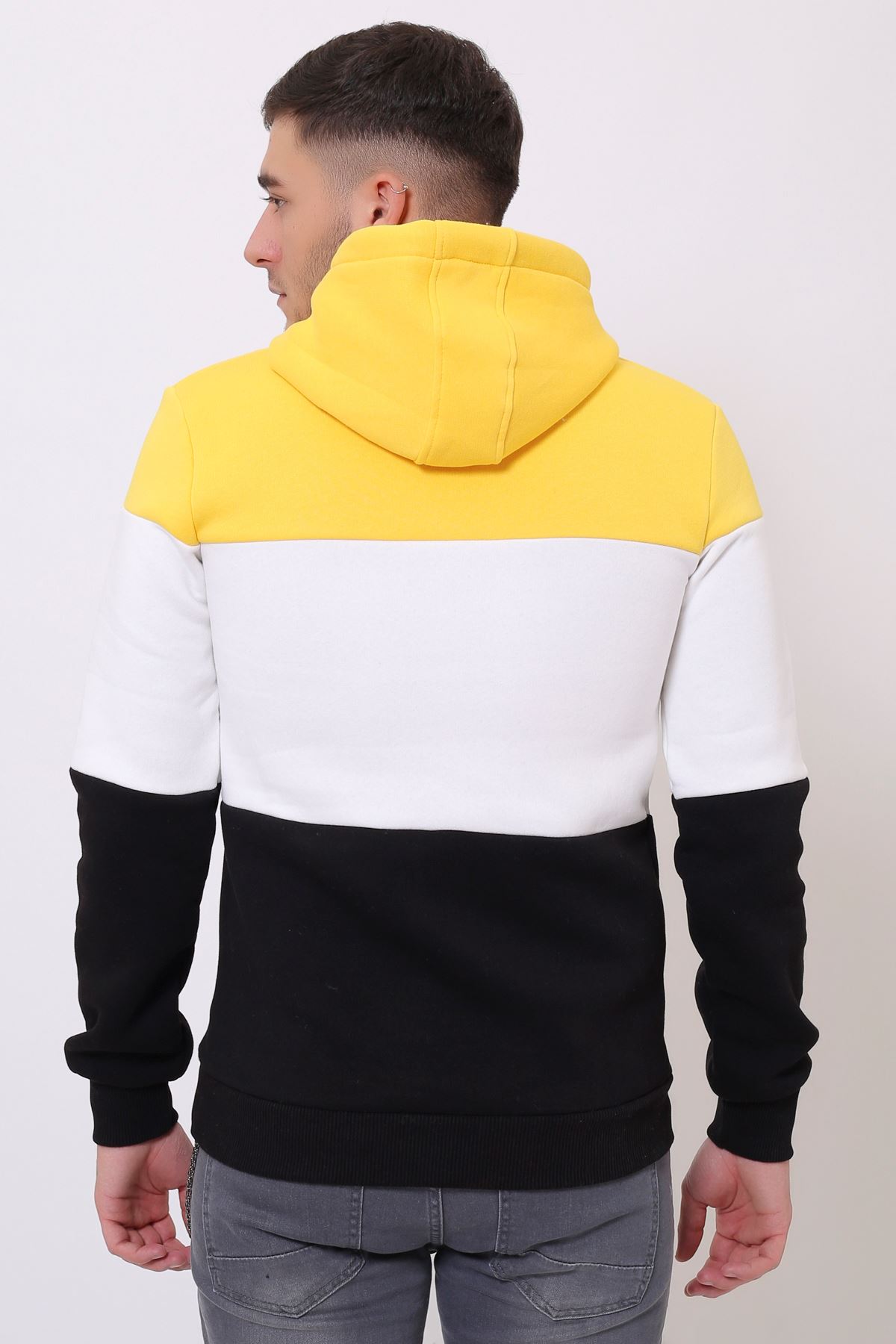 Sarı Erkek Üç Renk Panelli  Kapüşonlu Kanguru Cepli  Sweatshirt