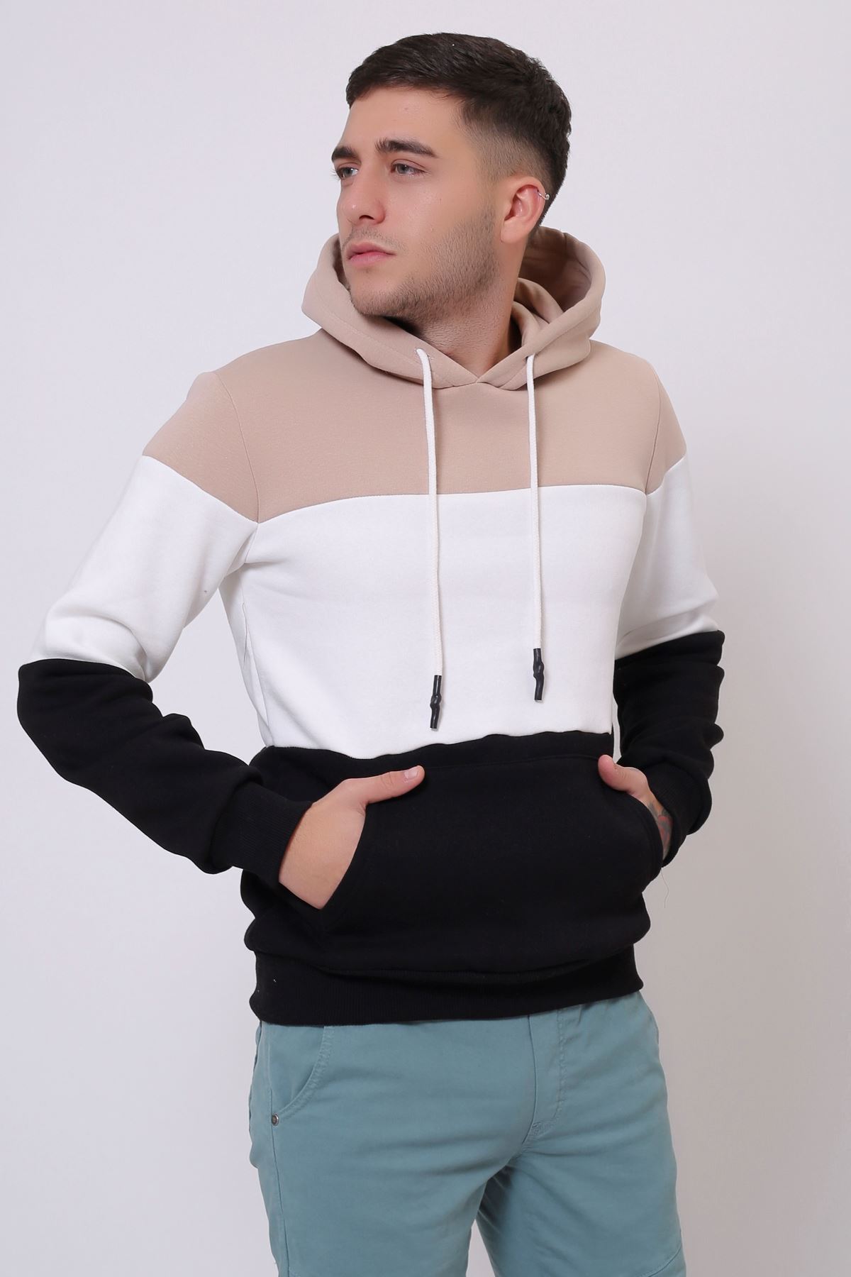 Beyaz Erkek Üç Renk Panelli  Kapüşonlu Kanguru Cepli  Sweatshirt