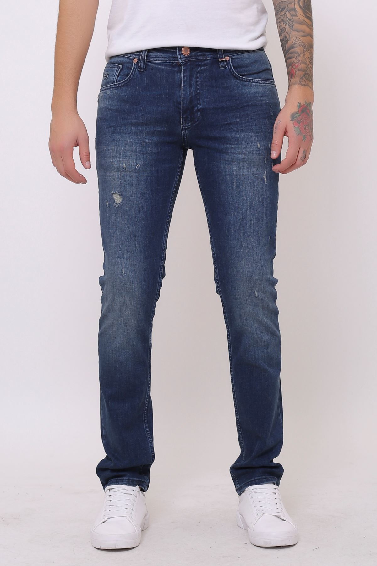 Yeni Mavi Tint  Slim Fit Fermuarlı Erkek Jeans Pantolon