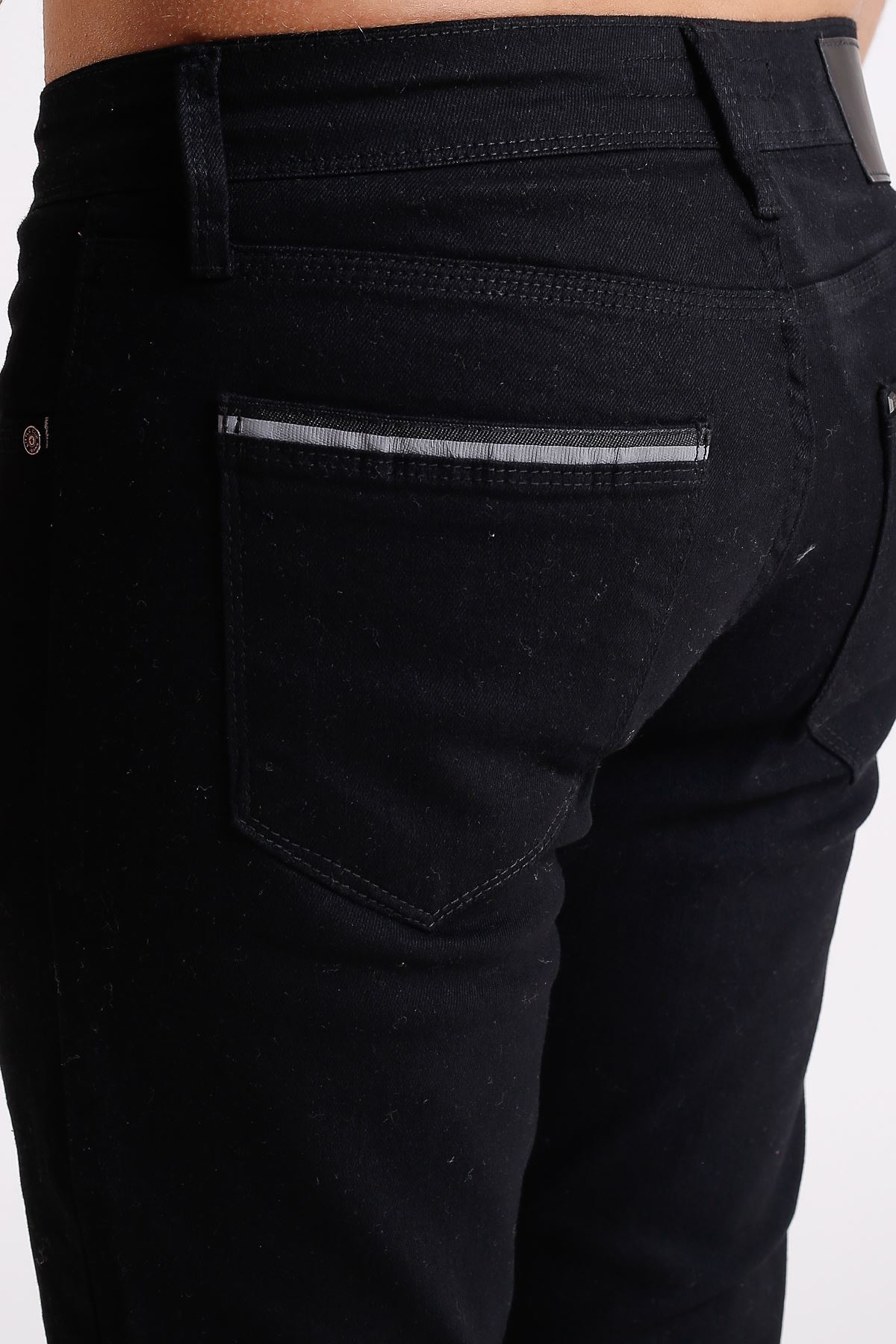Reflektör Şerit Cepli Siyah Slim Fit Fermuarlı Erkek Jeans Pantolon