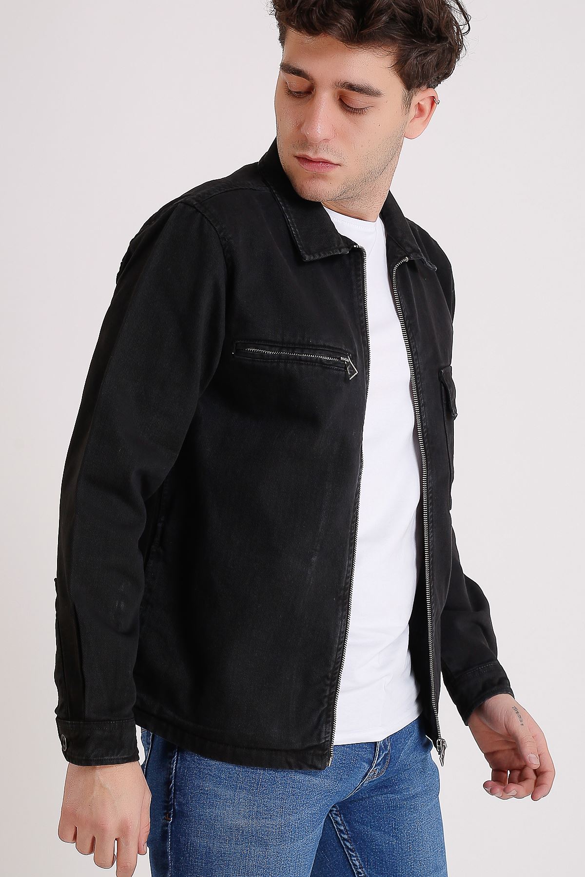 Premium Pamuklu Siyah Ceket Cep Fermuar Ve Detay Baskı