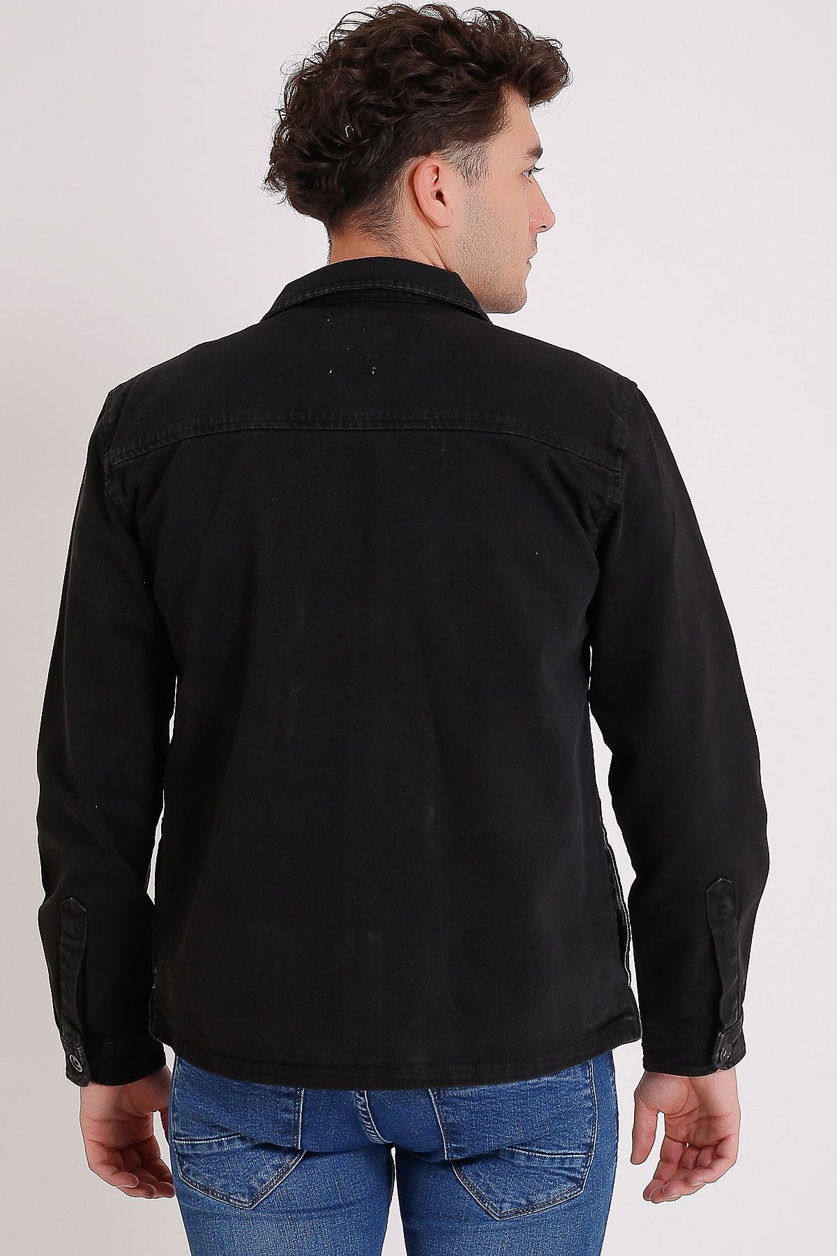 Premium Pamuklu Siyah Ceket Cep Fermuar Ve Detay Baskı