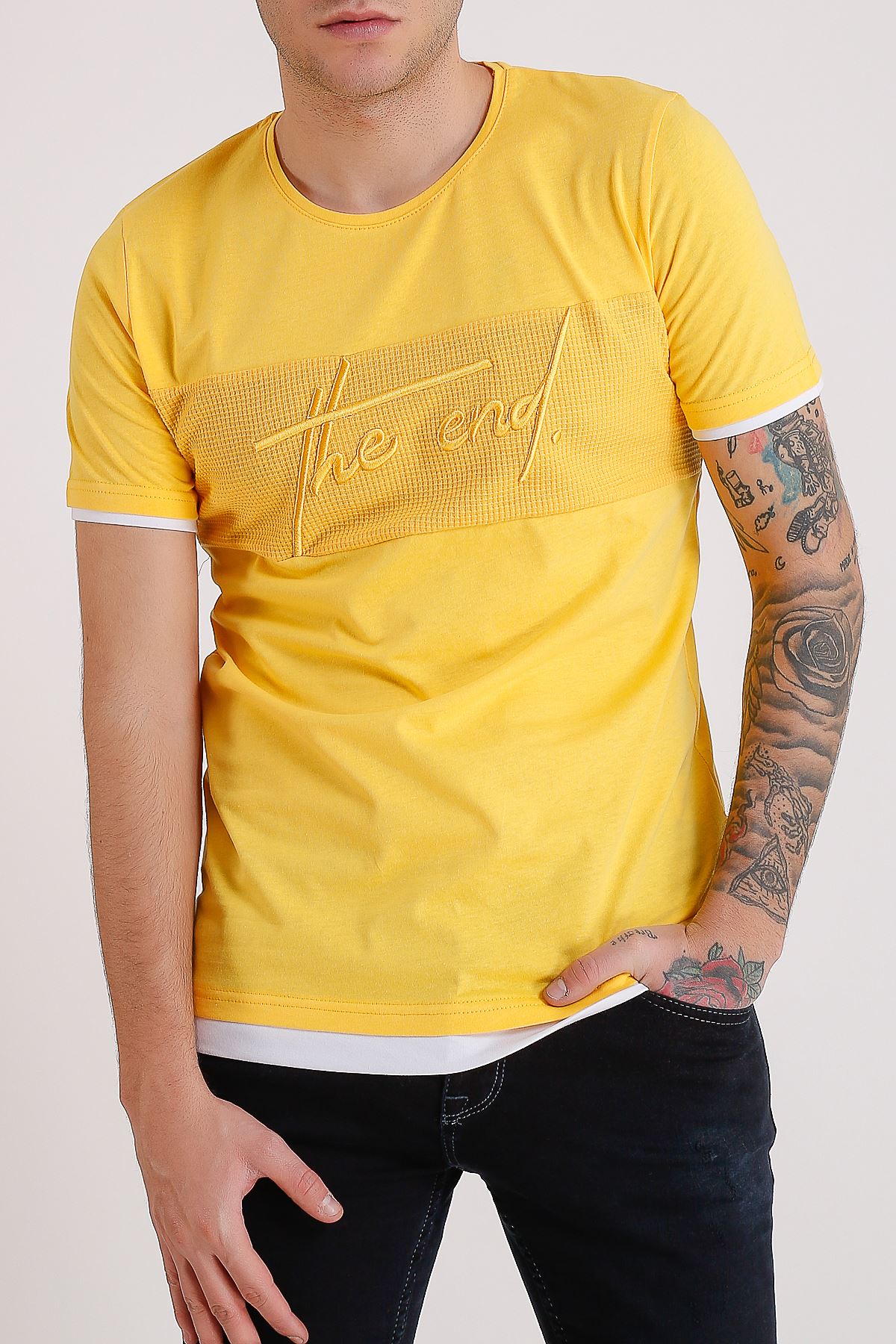 Bisiklet Yaka Nakışlı Sarı Erkek Penye T-Shirt