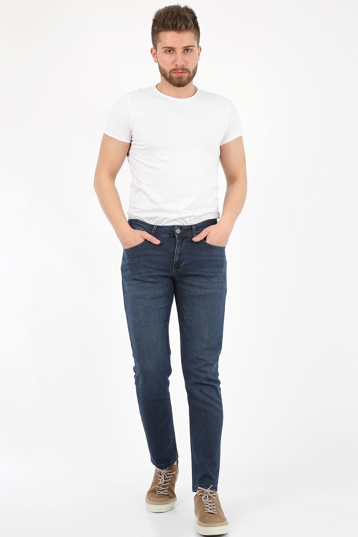 Mavi Yumaşak Doku Yarı Slim Fermuarlı Erkek Jeans Pantolon-SAWYER