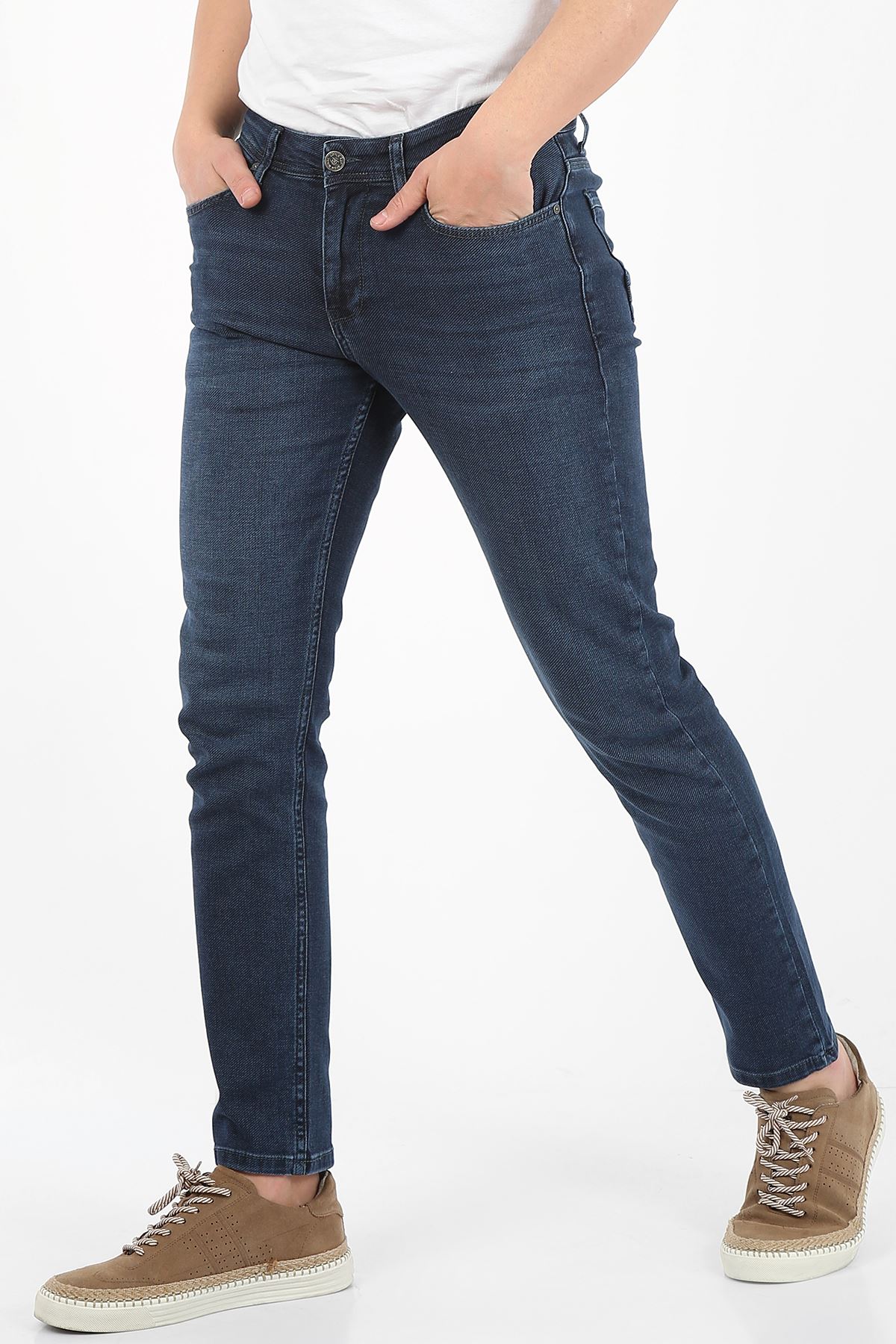 Mavi Yumaşak Doku Yarı Slim Fermuarlı Erkek Jeans Pantolon-SAWYER
