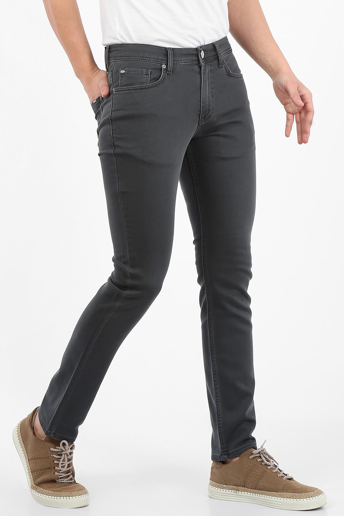 Antrasit Yumaşak Doku Yarı Slim Fermuarlı Erkek Jeans Pantolon-SAWYER