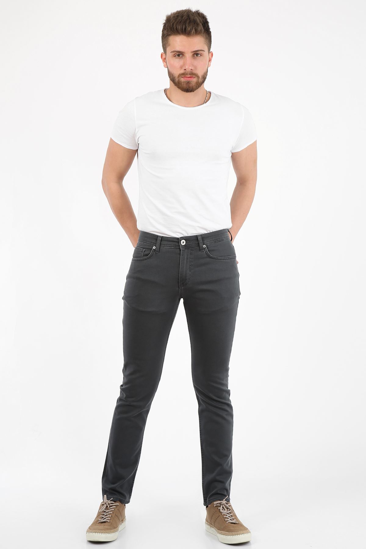 Antrasit Yumaşak Doku Yarı Slim Fermuarlı Erkek Jeans Pantolon-SAWYER