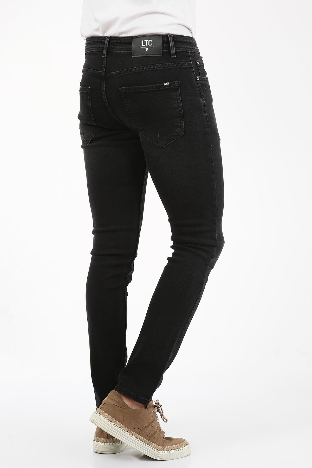 Siyah Yıpratma Slim Fit Fermuarlı Erkek Jeans Pantolon-JONAS