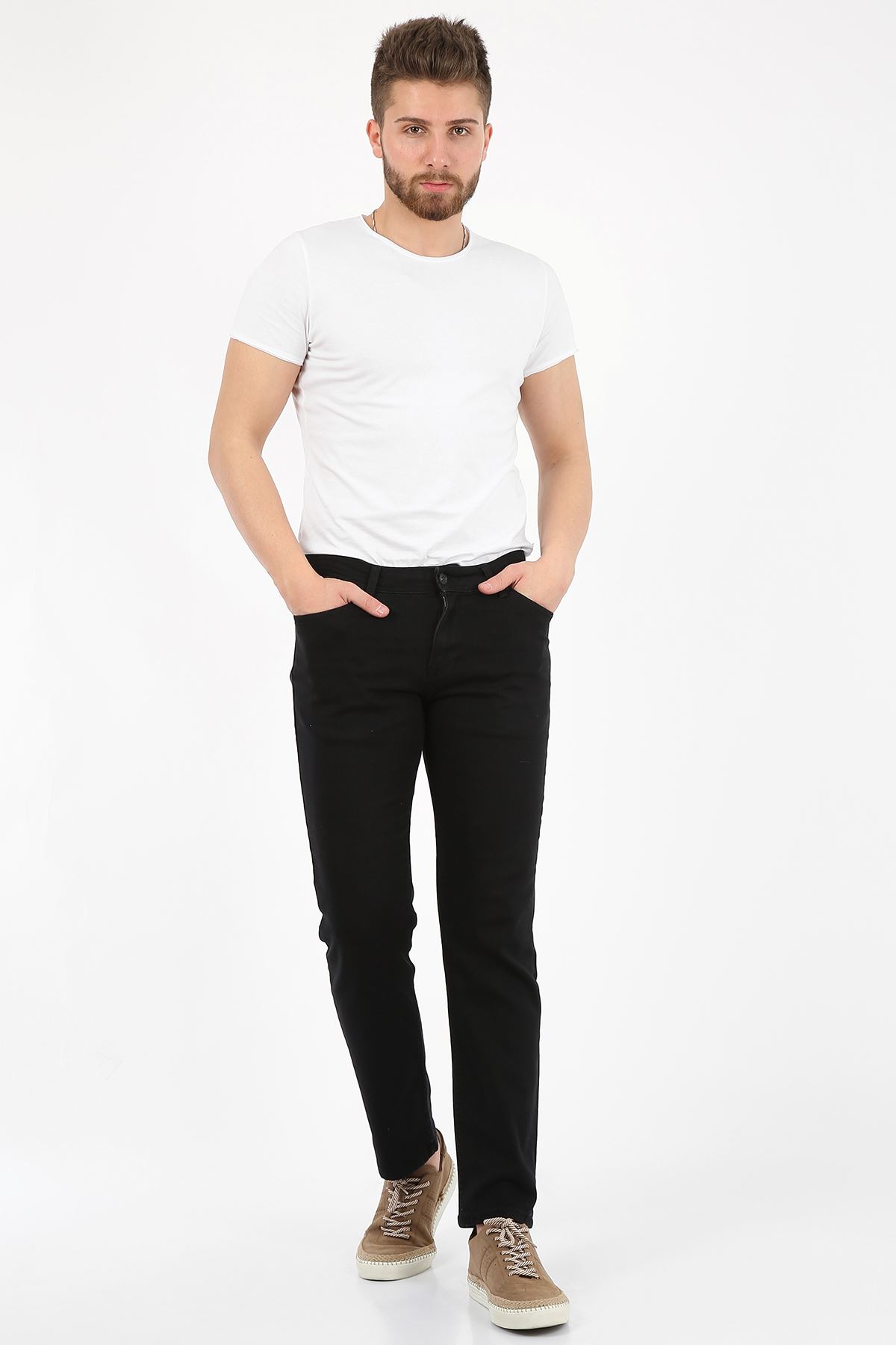 Siyah Yumaşak Doku Yarı Slim Fermuarlı Erkek Jeans Pantolon-SAWYER