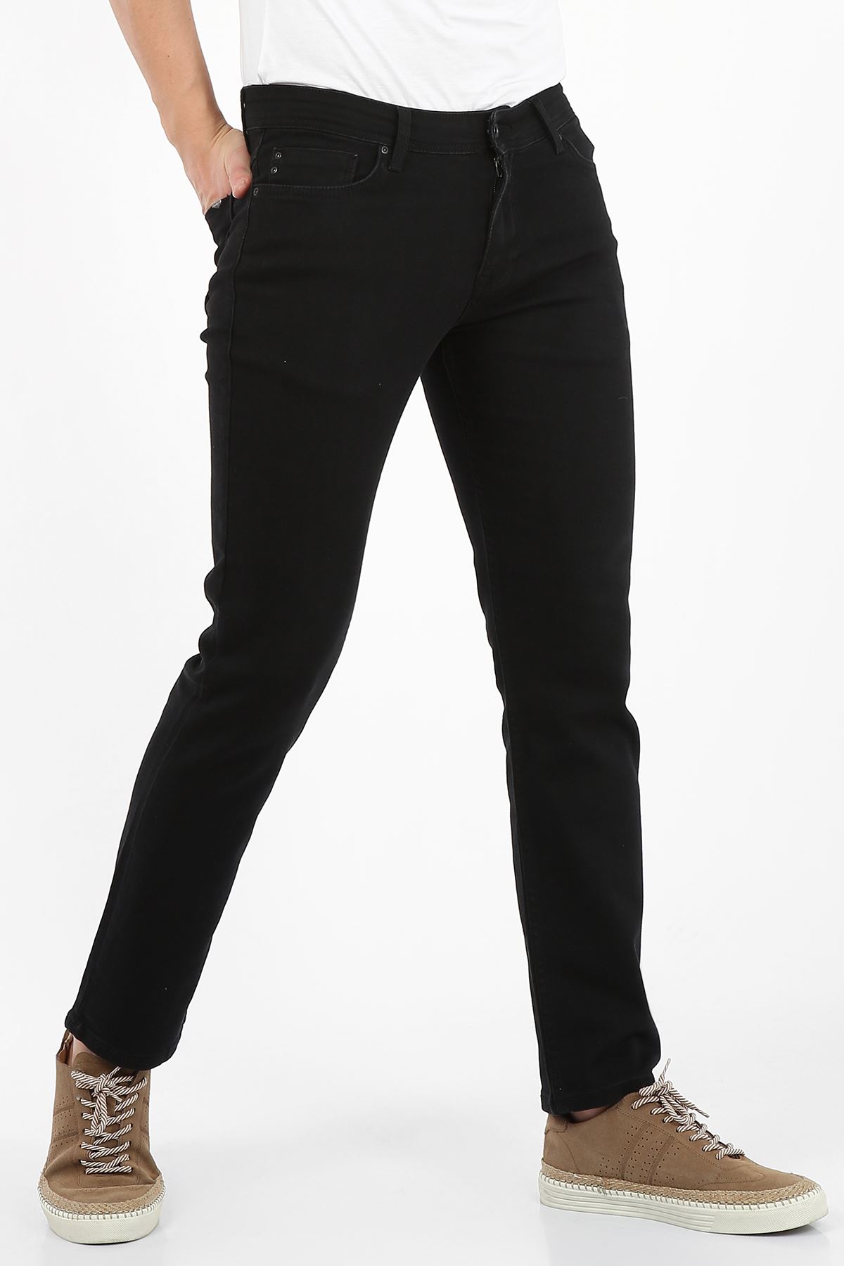 Siyah Yumaşak Doku Yarı Slim Fermuarlı Erkek Jeans Pantolon-SAWYER