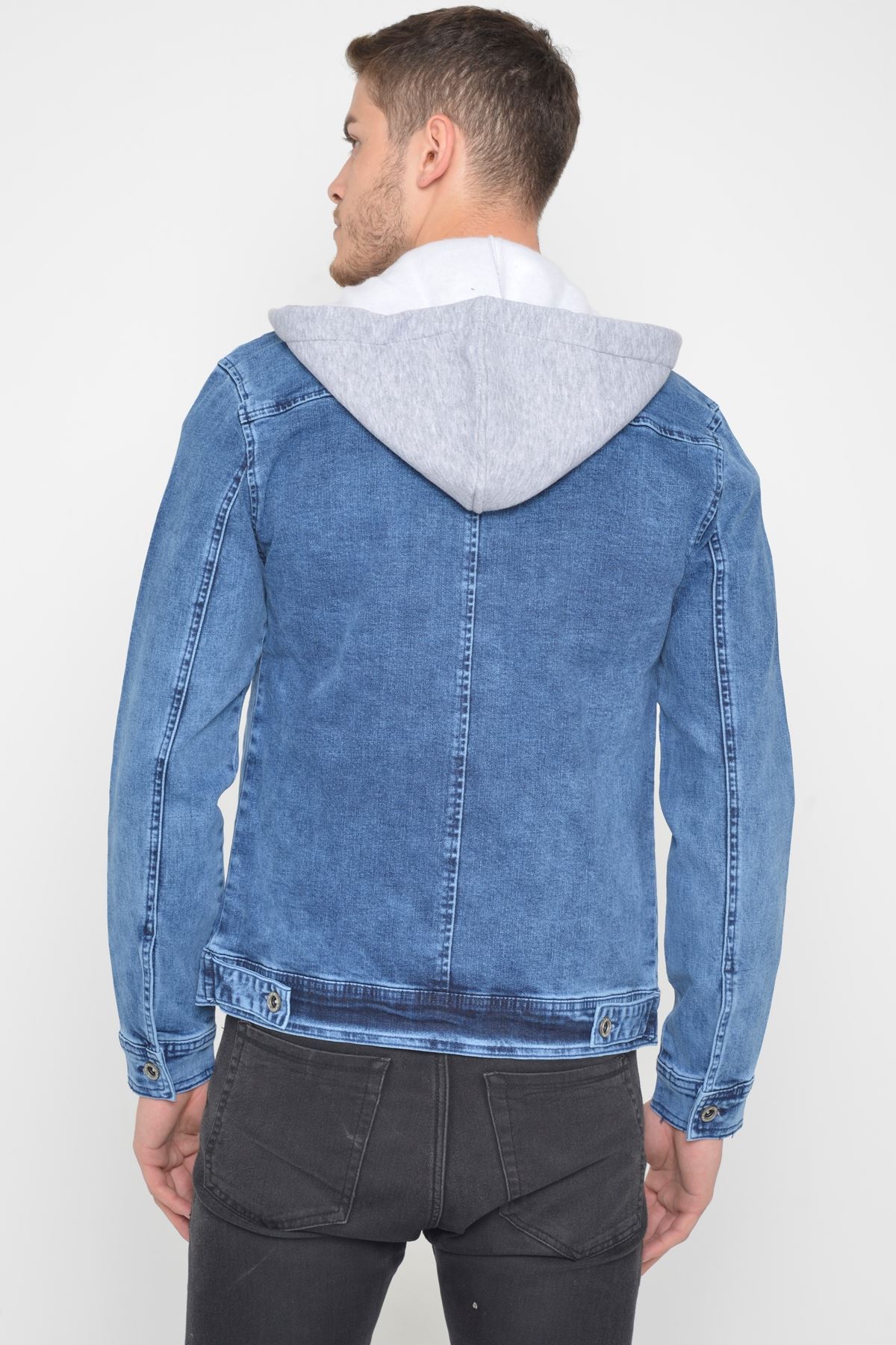 Erkek Çıkarılabilir Kapüşonlu Random Yıkamalı Mavi Kot Ceket