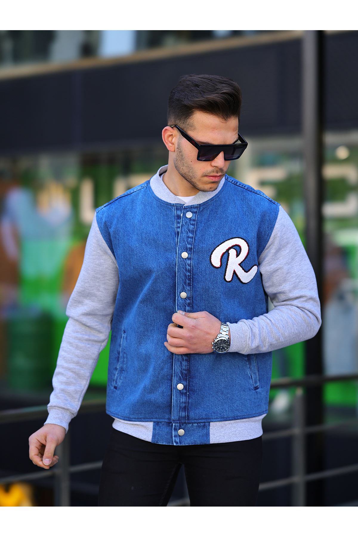  Erkek Çıtçıtlı Mavi Oversize Spor Kot ceket 