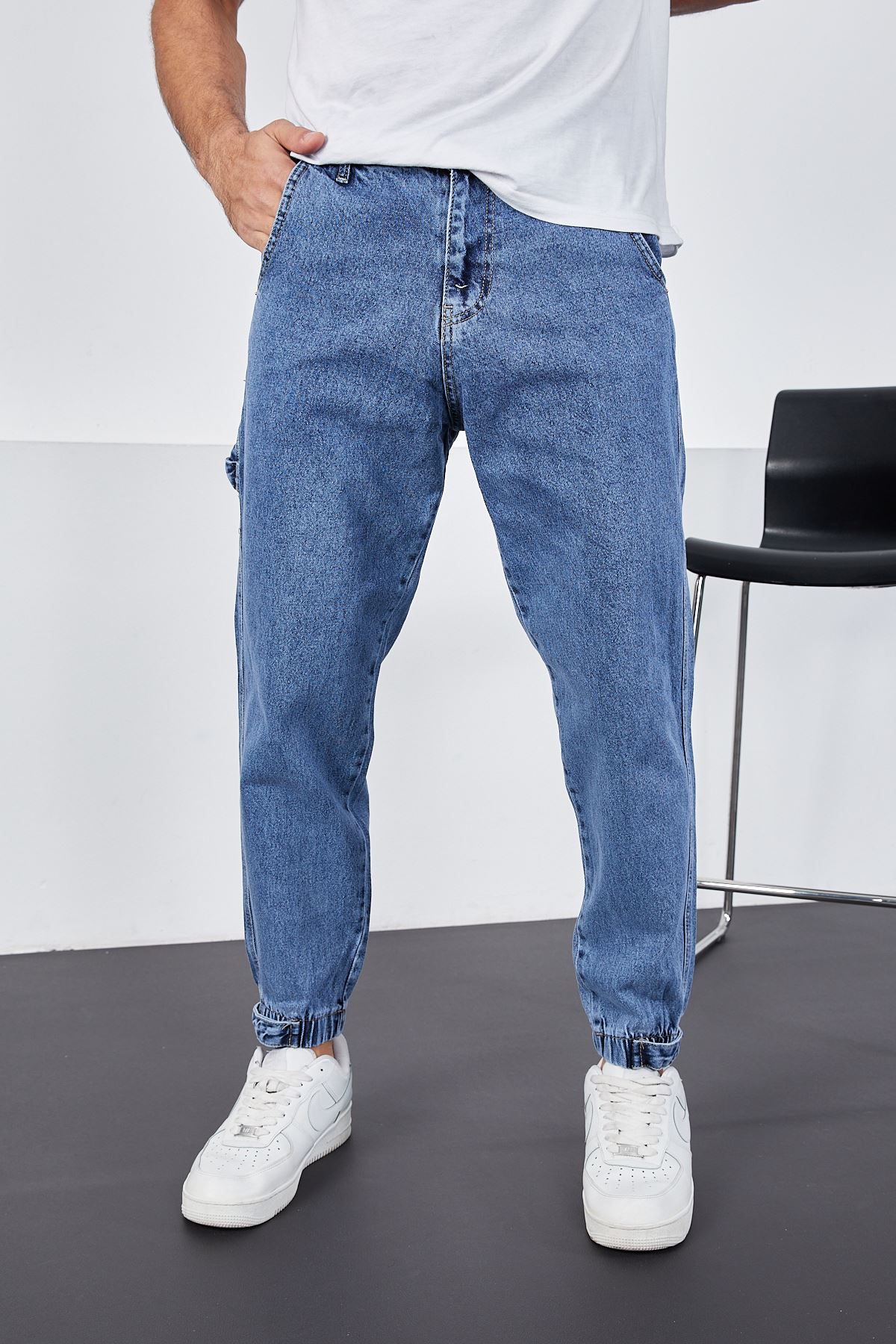  Erkek Açık Mavi Baggy Fit Rahat Kalıp Paçası Lastikli Ve Cırtlı pantolon