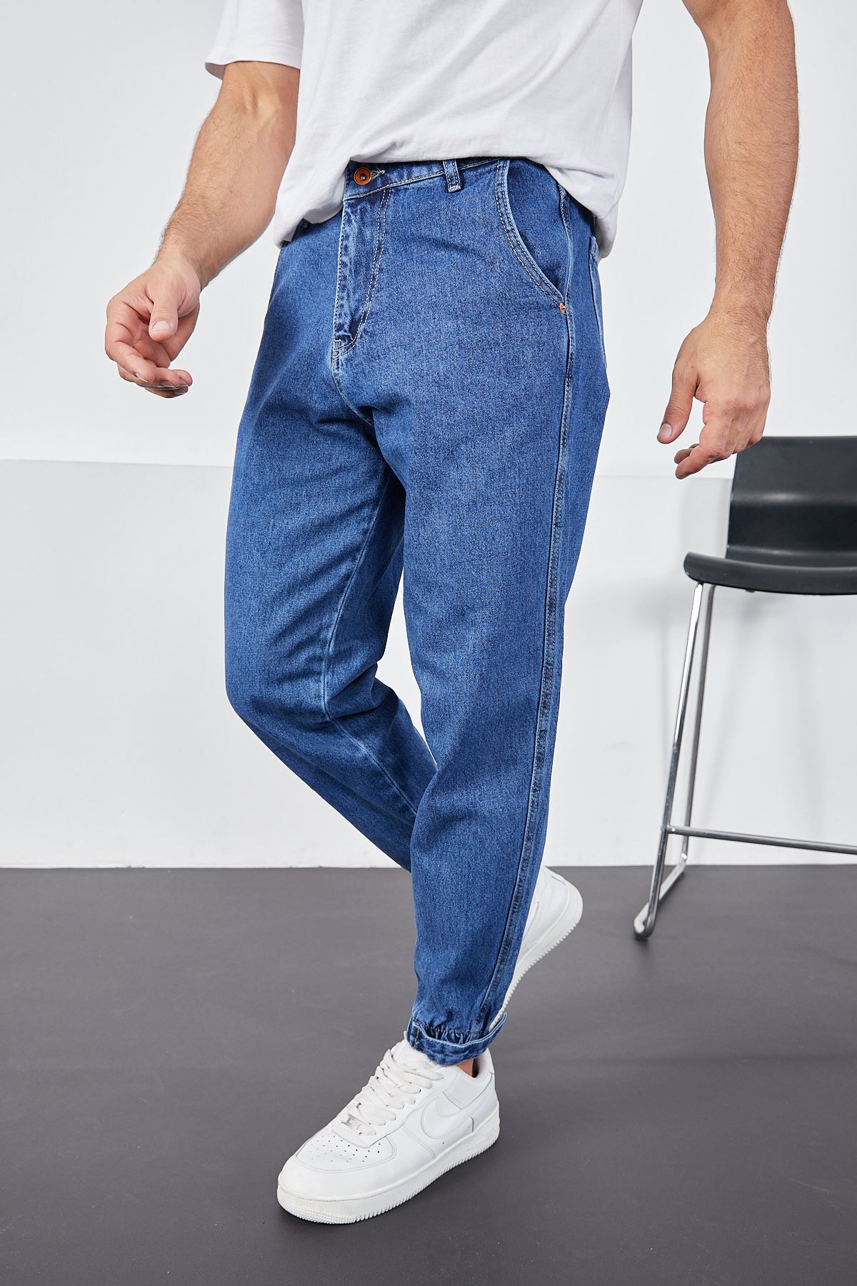  Erkek Koyu mavi Baggy Fit Rahat Kalıp Paçası Lastikli Ve Cırtlı Pantolon