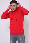 Kırmızı Erkek Uzun Kollu Kapüşonlu Kanguru Cepli  Sweatshirt