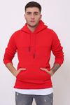 Kırmızı Erkek Yırtmaç ve Ek parçalı Kapüşonlu Kanguru Cepli  Sweatshirt